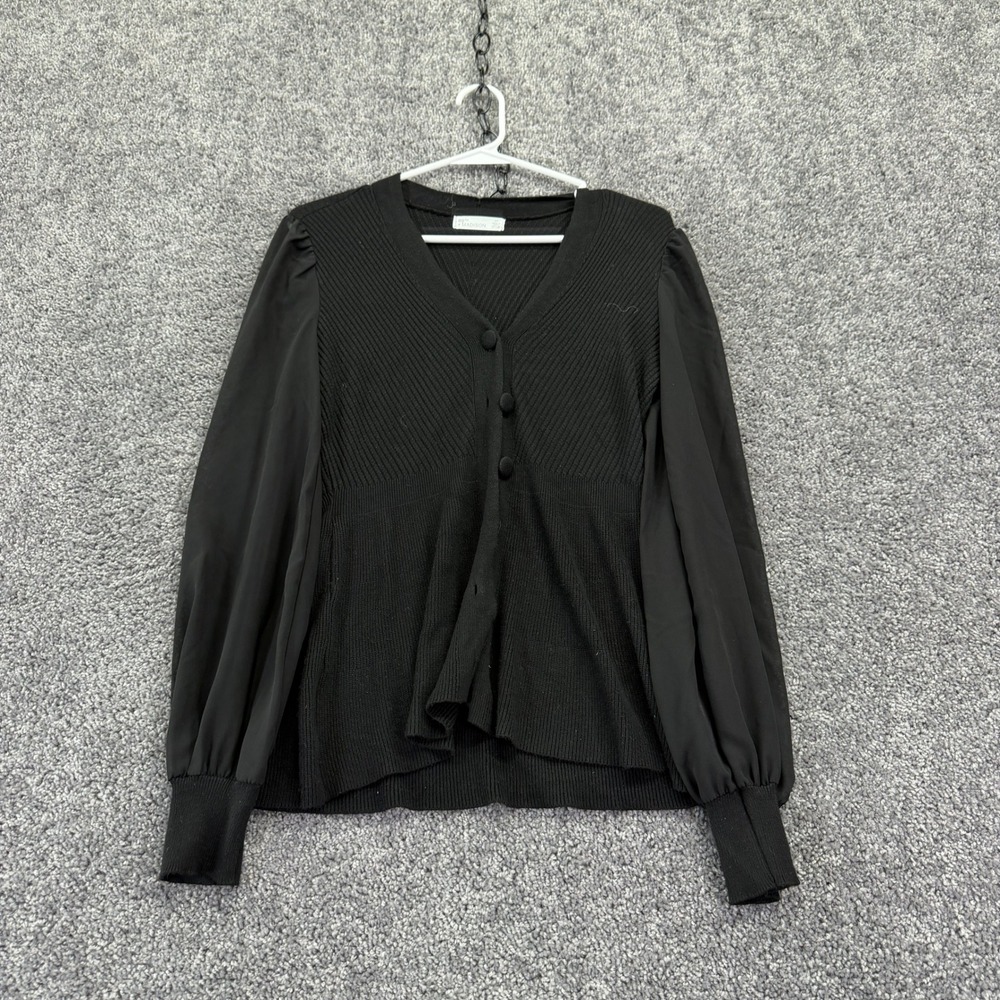 89th + Madison Cardigan Womens Small Black Ribbed Knit Sheer Puff Sleeve V Neck